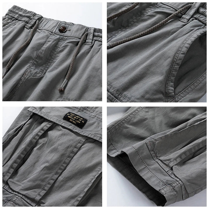 Close-up of gray men cargo shorts with pockets, showing fabric texture, stitching, and waistband