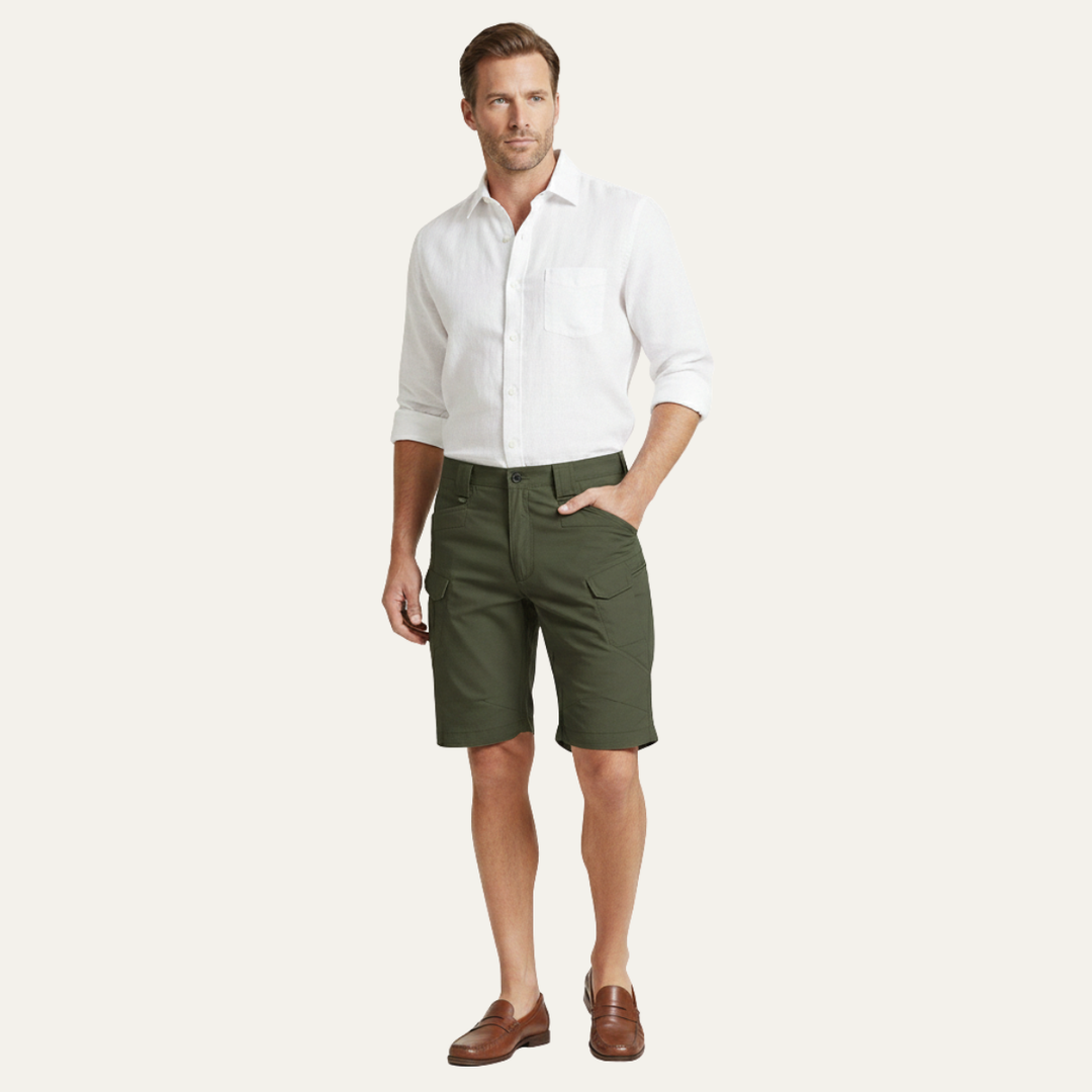 Olive green cargo shorts for men styled with a white shirt, full-body view