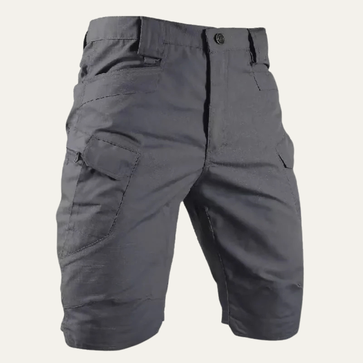 Charcoal gray men cargo shorts with side flap pockets, close-up front view
