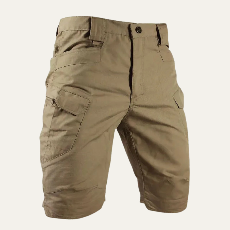 Khaki men cargo shorts with side flap pockets and zip pocket, close-up front view