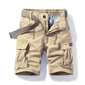 Beige men cargo shorts with pockets, drawstring waist, and flap cargo pockets