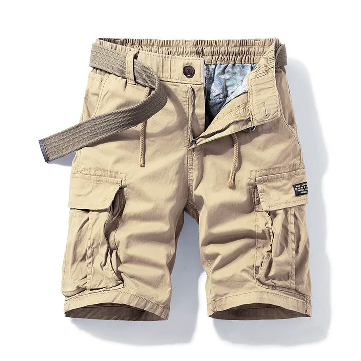 Beige men cargo shorts with pockets, drawstring waist, and flap cargo pockets