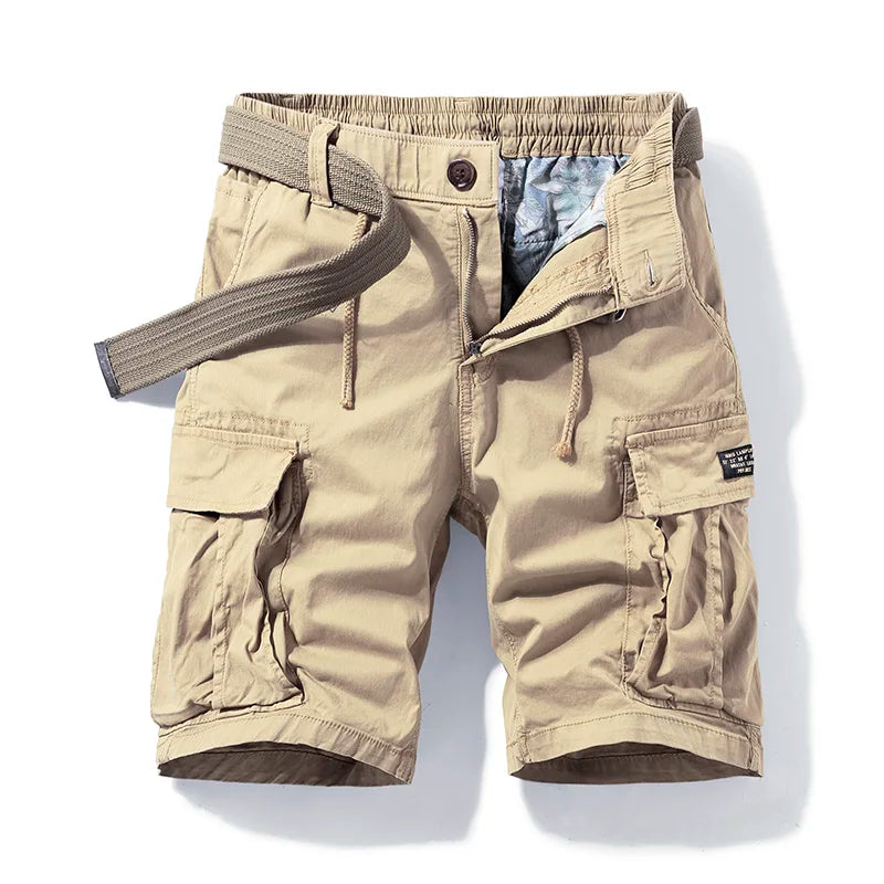 Beige men cargo shorts with pockets, drawstring waist, and flap cargo pockets