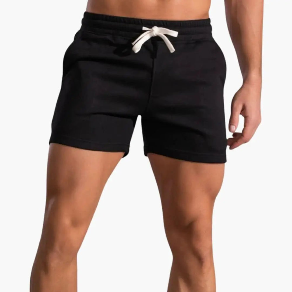 Black above knee shorts with drawstring waist and relaxed fit for men