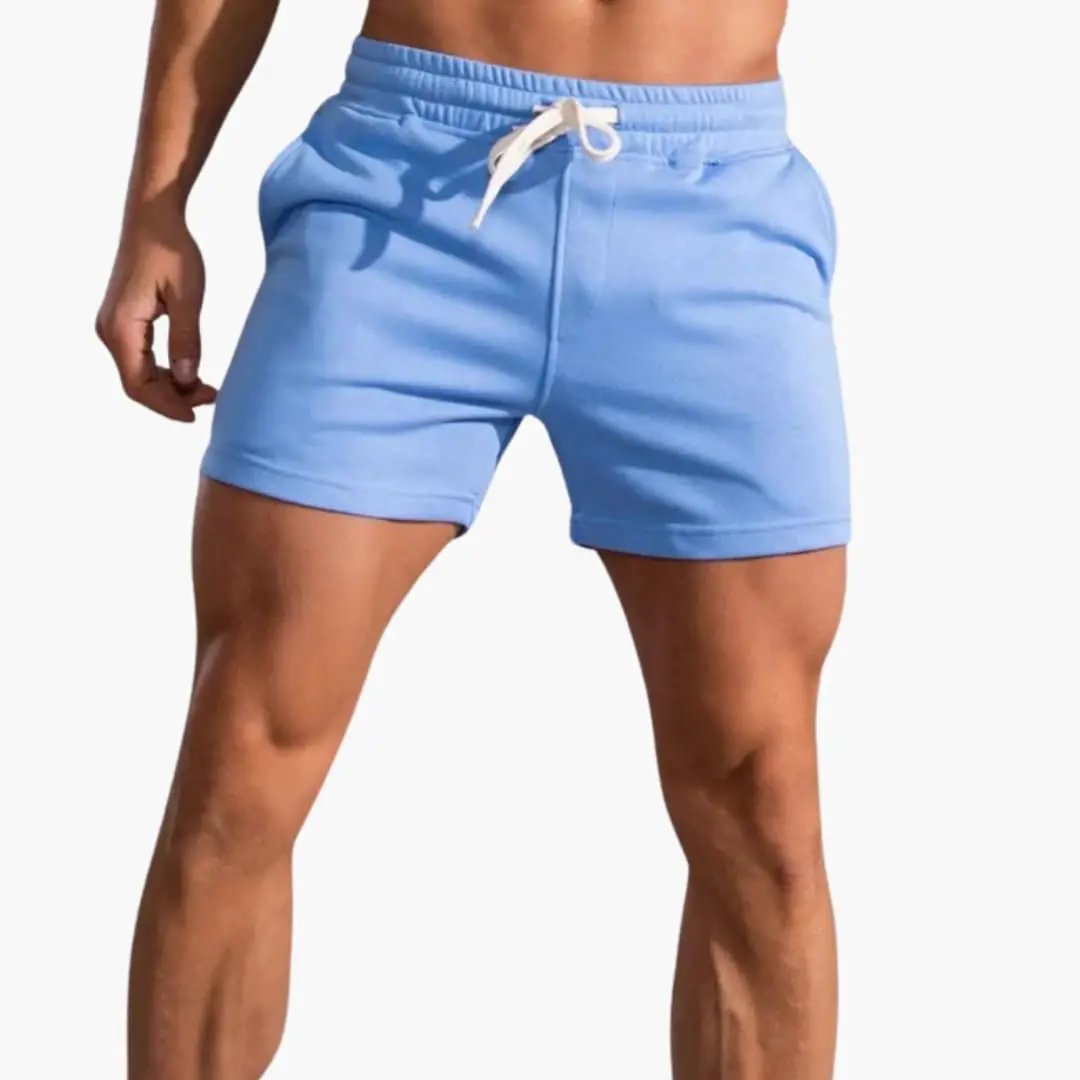 Light blue casual shorts with drawstring waistband and above knee length