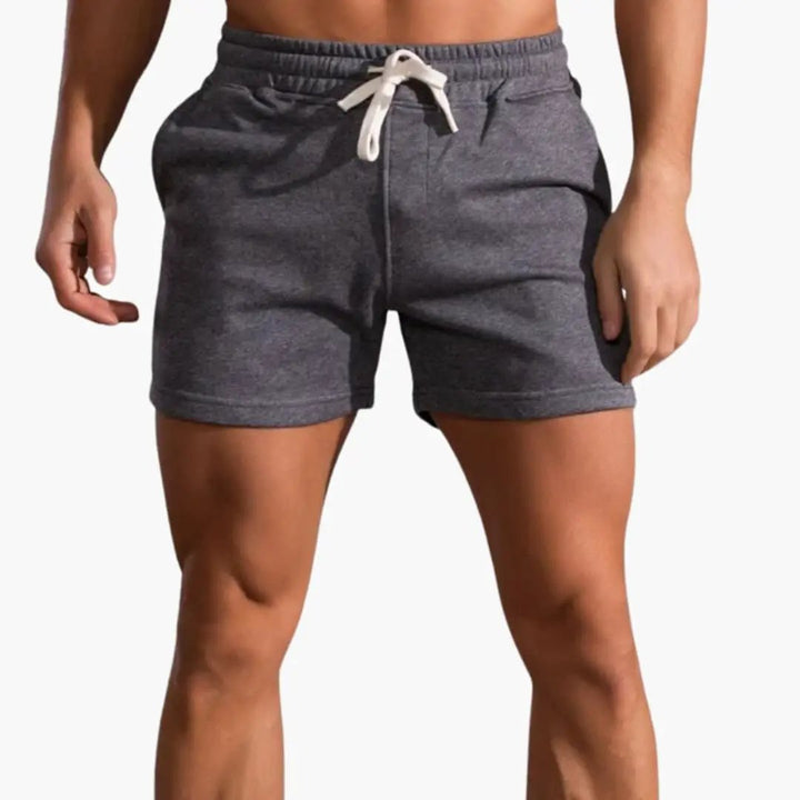 Dark gray men shorts with drawstring waist and soft casual above knee style