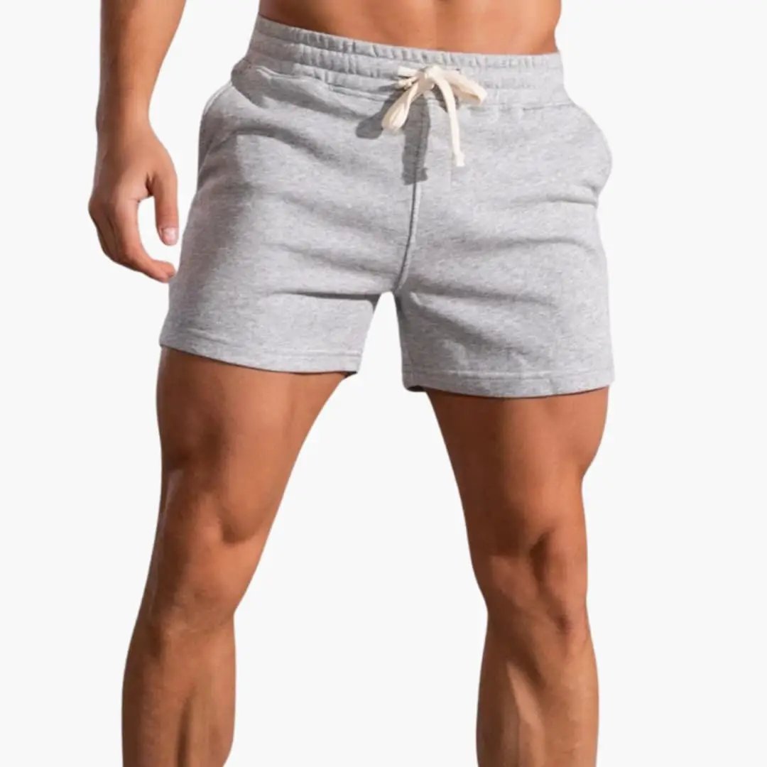 Light gray above knee shorts with drawstring and comfortable casual fit