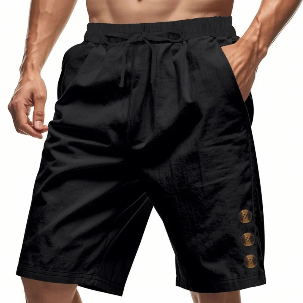 Black men casual shorts with drawstring waist and side button detail on model