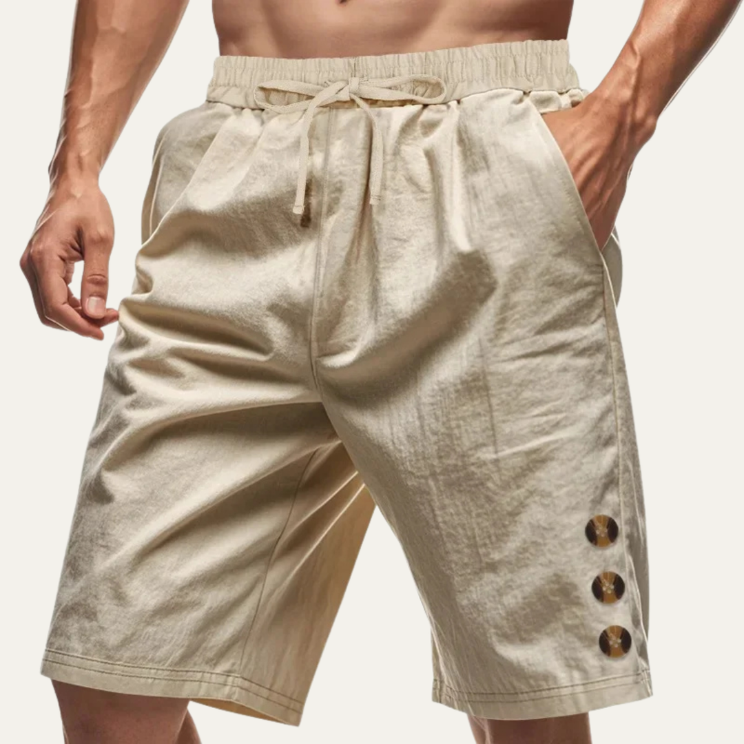Beige casual drawstring shorts with button detail, front view on model