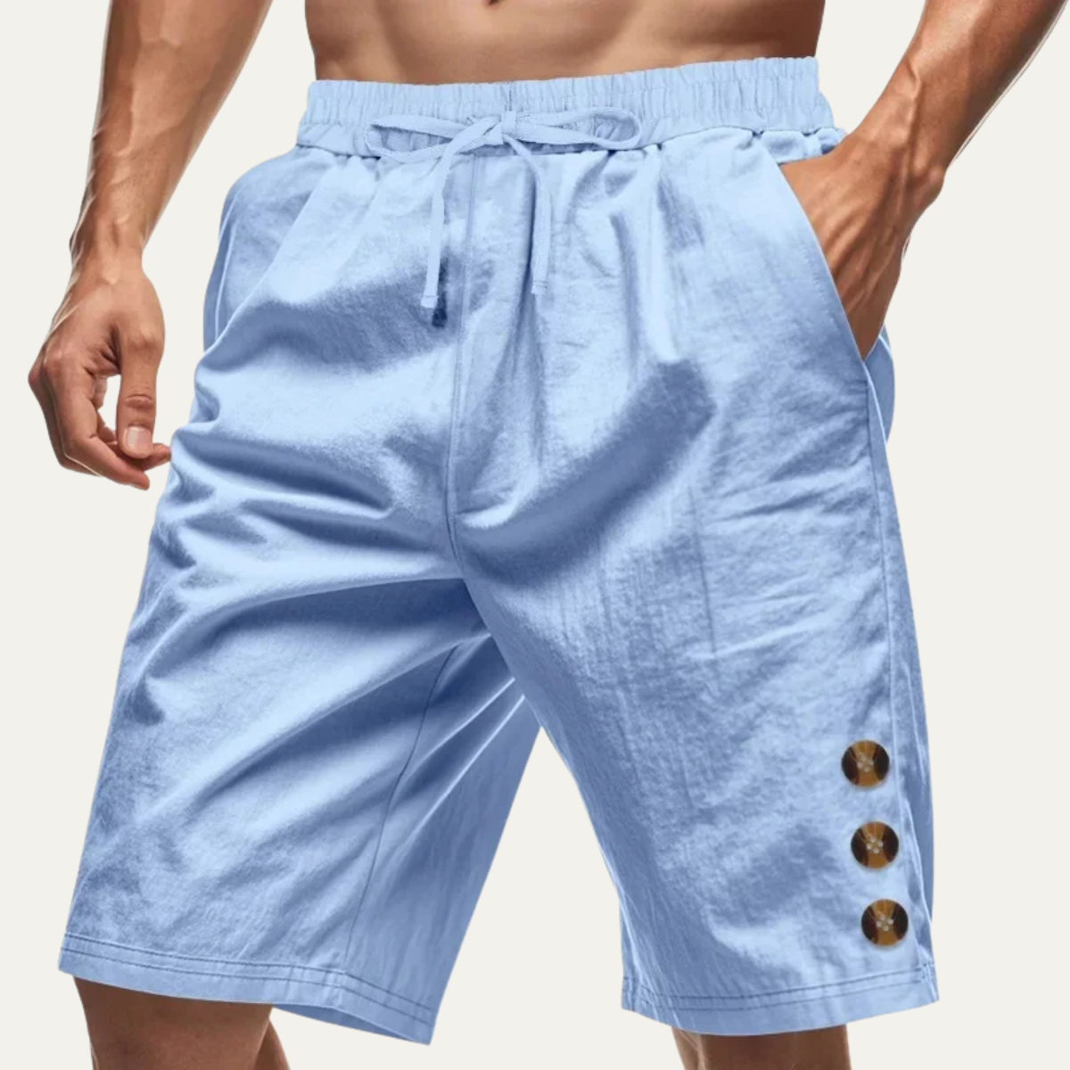 Light blue casual shorts with drawstring waist and three button detail on model