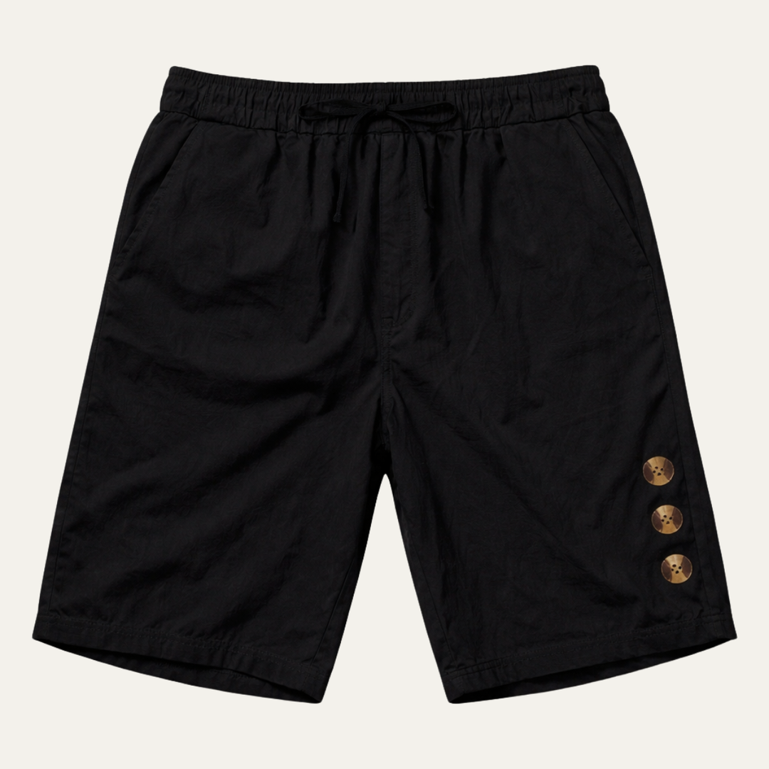 Black casual drawstring shorts with button detail, front view on white background