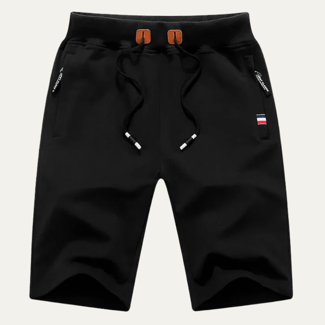 Black men casual jogger shorts with drawstring, pockets, and zip details