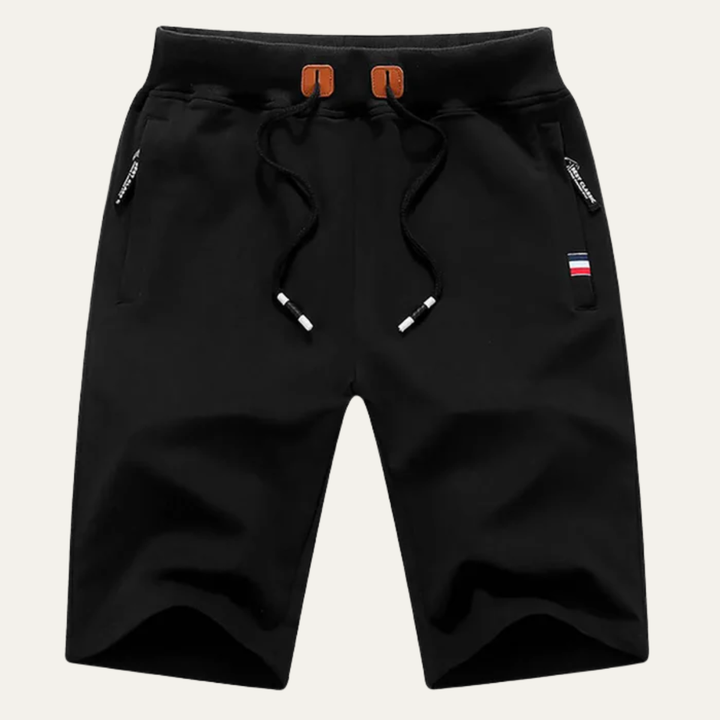Black men casual jogger shorts with drawstring, pockets, and zip details
