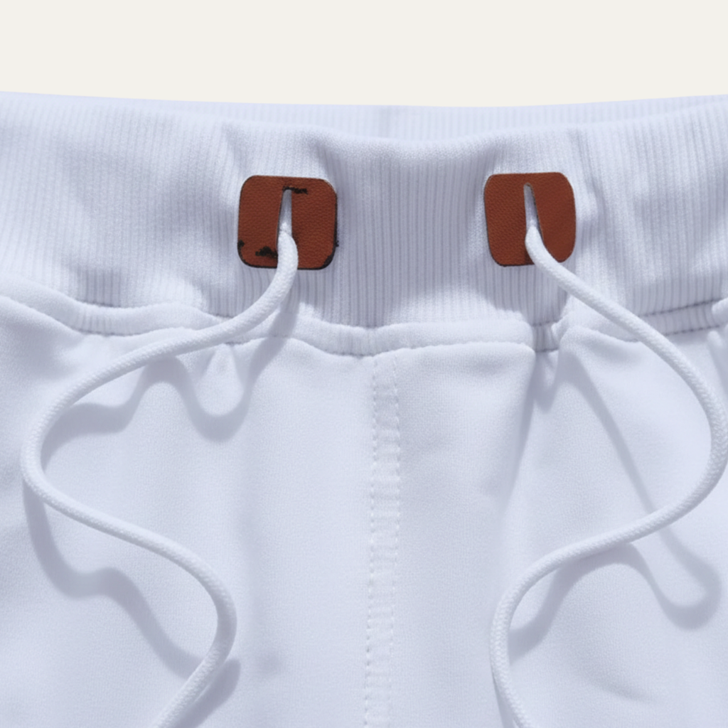 Close-up of white jogger shorts waistband with drawstring and brown tabs