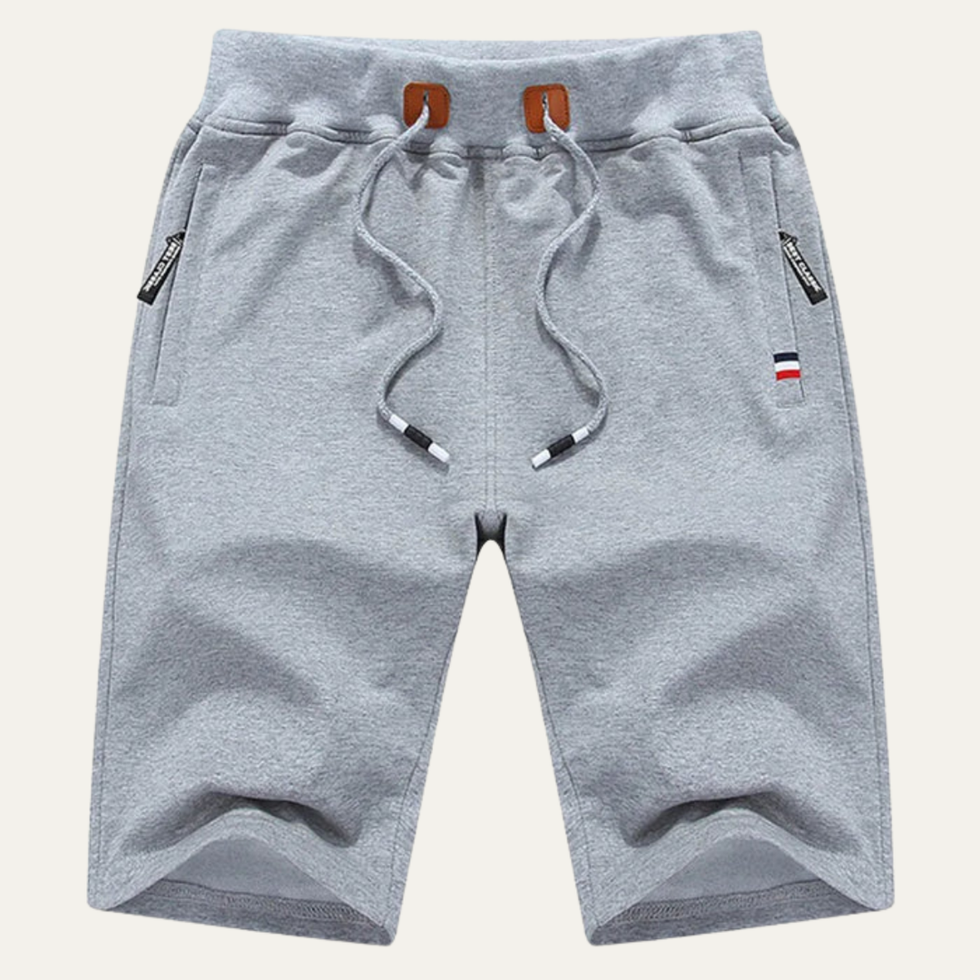 Light gray men casual jogger shorts with drawstring, pockets, and contrast trim