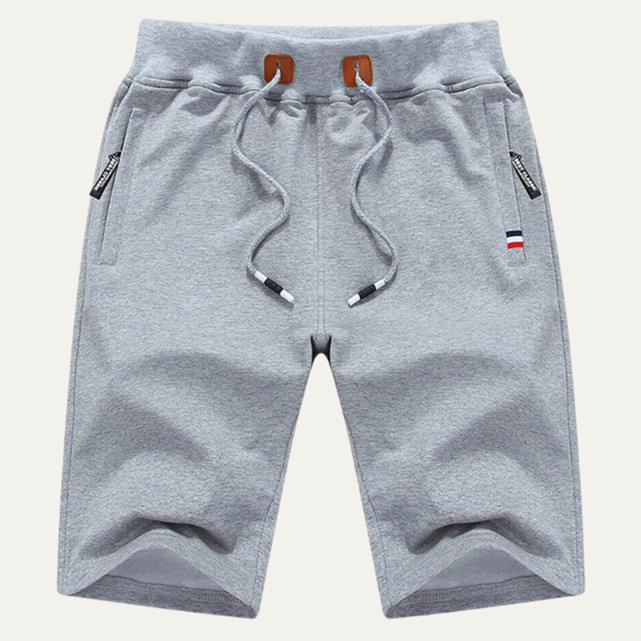 Light gray men casual jogger shorts with drawstring, pockets, and contrast trim