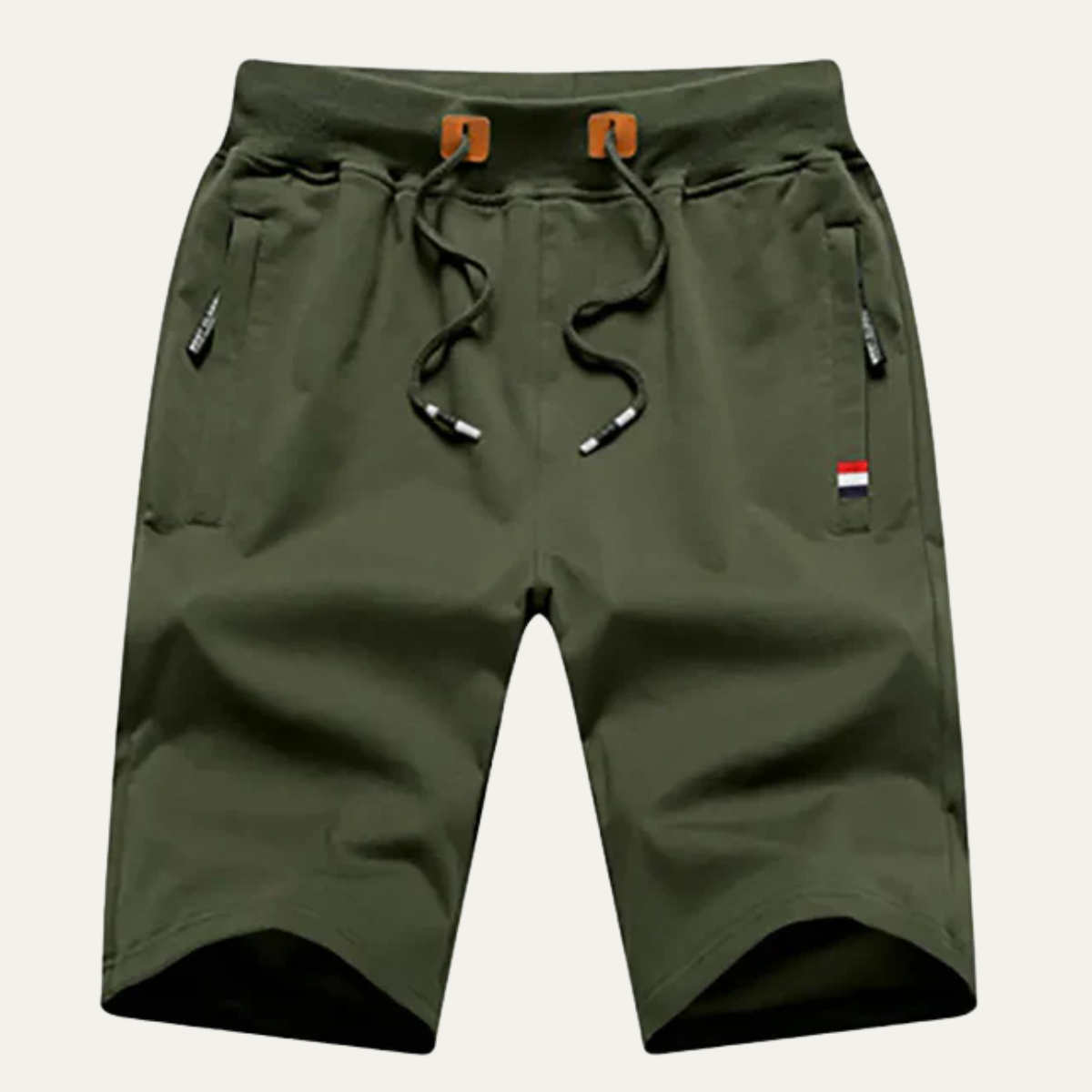 Olive green men casual jogger shorts with drawstring waist, pockets, and logo tag