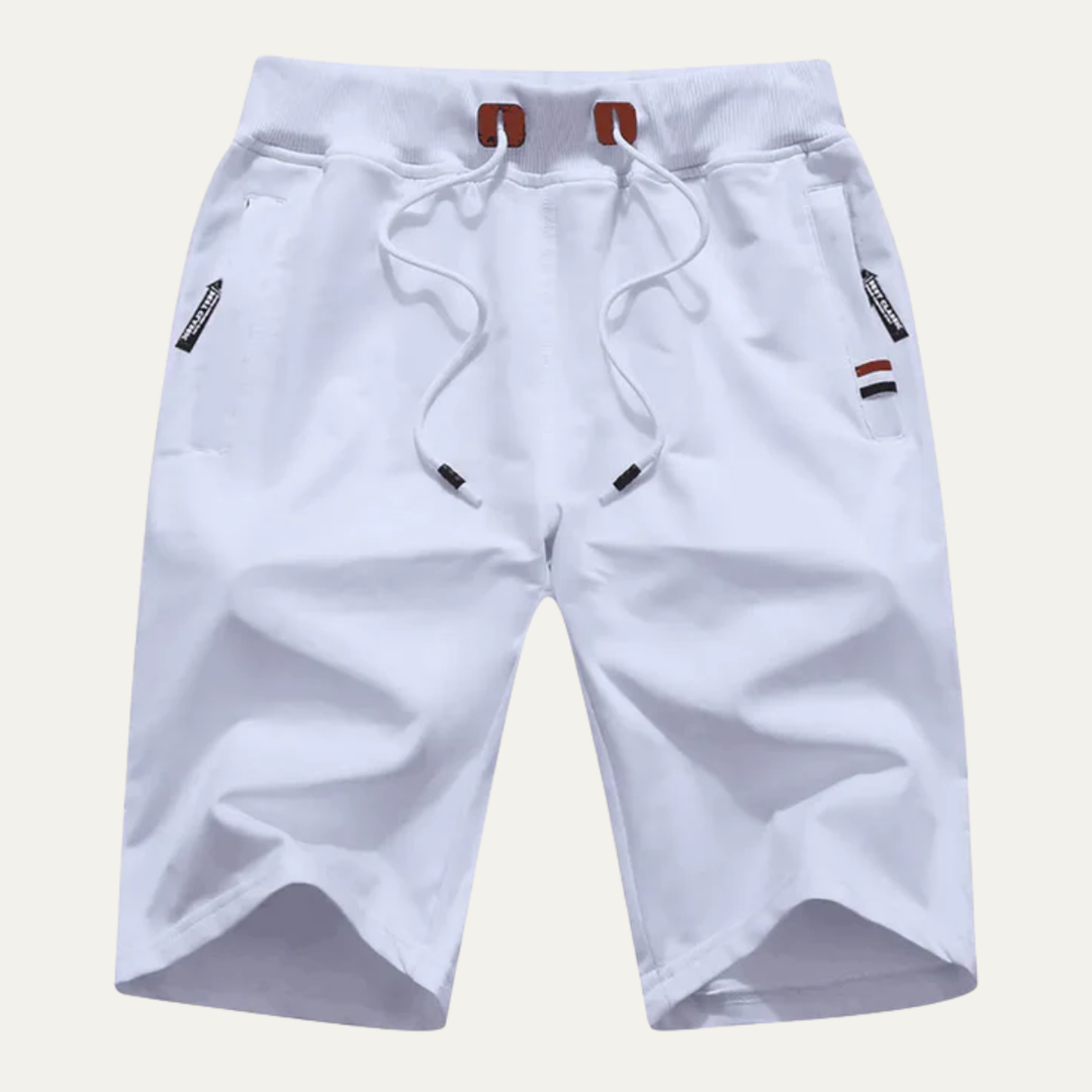White men casual jogger shorts with drawstring, side pockets, and small logo details