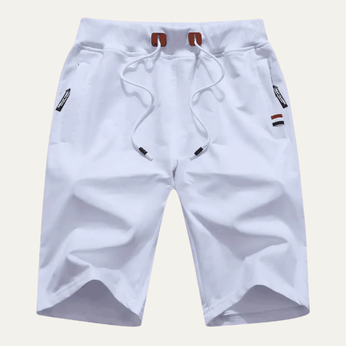 White men casual jogger shorts with drawstring, side pockets, and small logo details