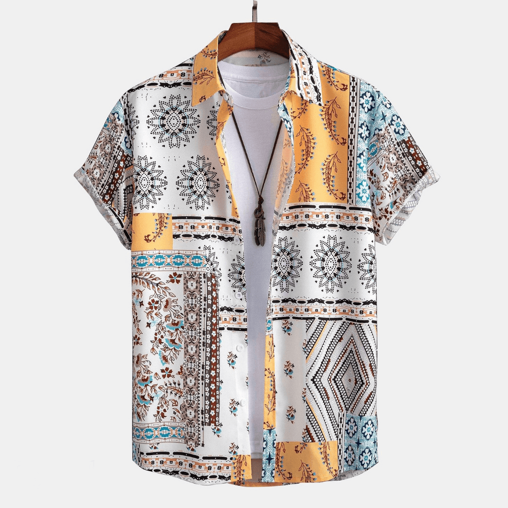 Front view of patchwork short sleeve shirt with mixed geometric and floral prints for men casual wear