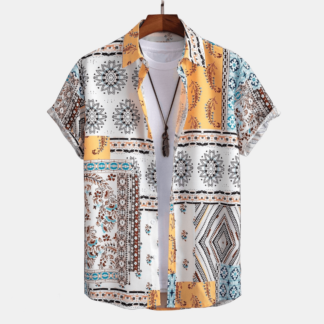Front view of patchwork short sleeve shirt with mixed geometric and floral prints for men casual wear