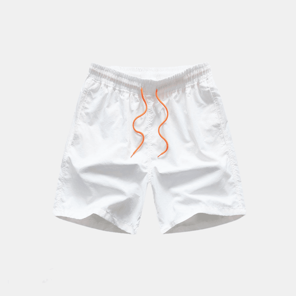 White men casual shorts with elastic waistband and orange drawstring from the patchwork shirt and shorts set