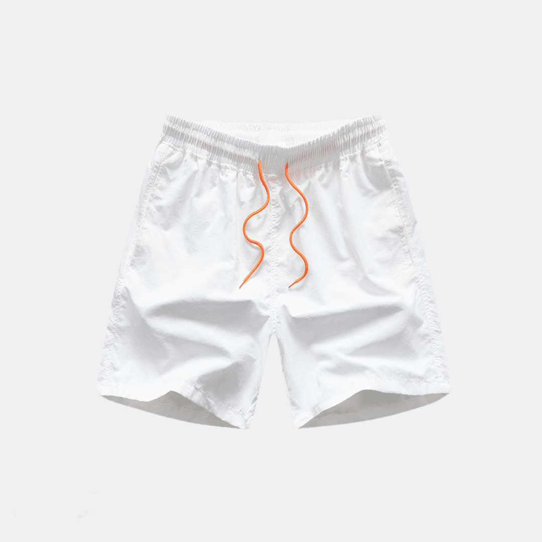 White men casual shorts with elastic waistband and orange drawstring from the patchwork shirt and shorts set