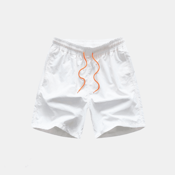 White men casual shorts with elastic waistband and orange drawstring from the patchwork shirt and shorts set
