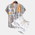 Men casual patchwork shirt and shorts set with short sleeve button-up shirt and white drawstring shorts