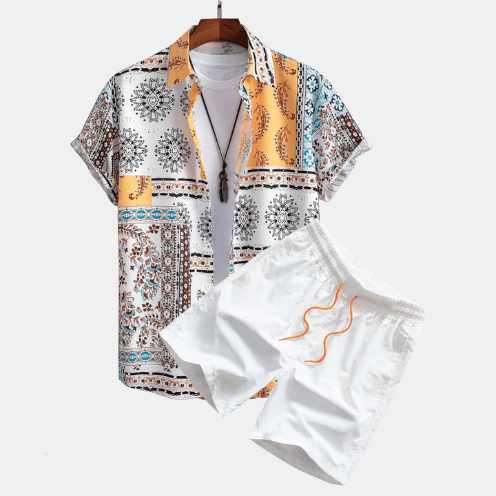 Men casual patchwork shirt and shorts set with short sleeve button-up shirt and white drawstring shorts