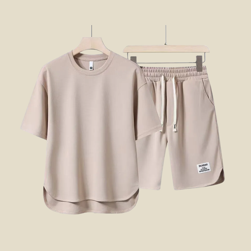 Light beige crew neck shirt and matching shorts set for men, soft summer loungewear