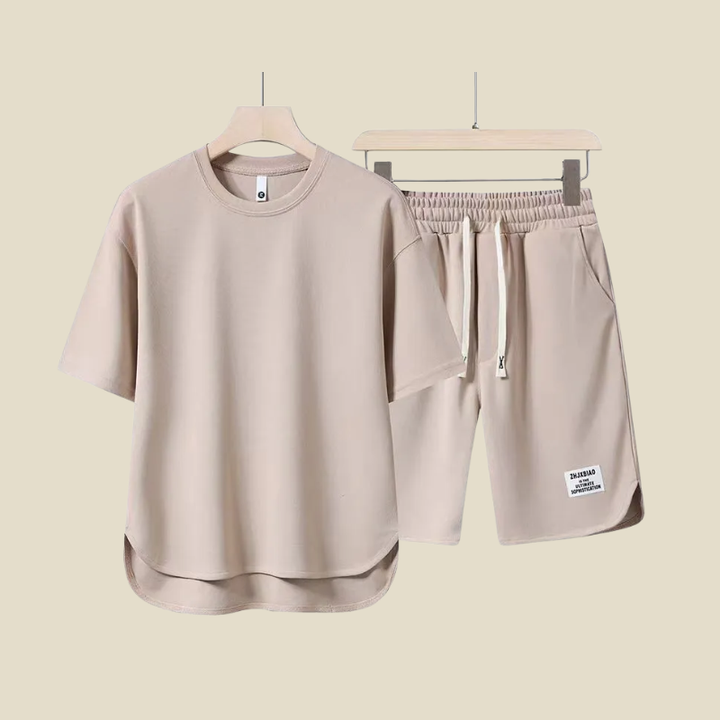 Light beige crew neck shirt and matching shorts set for men, soft summer loungewear