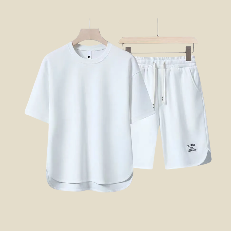 White crew neck shirt and shorts set with clean minimalist casual summer look