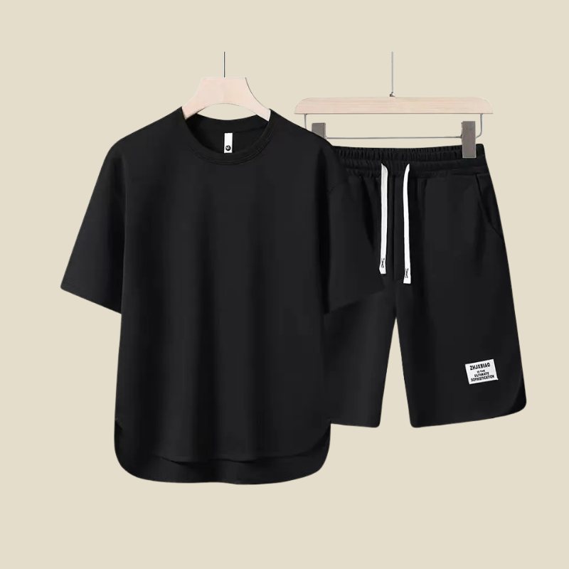 Black crew neck shirt and shorts set for men with drawstring waist and relaxed fit