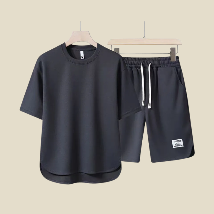 Dark gray crew neck shirt and shorts set, men casual summer outfit with drawstring shorts