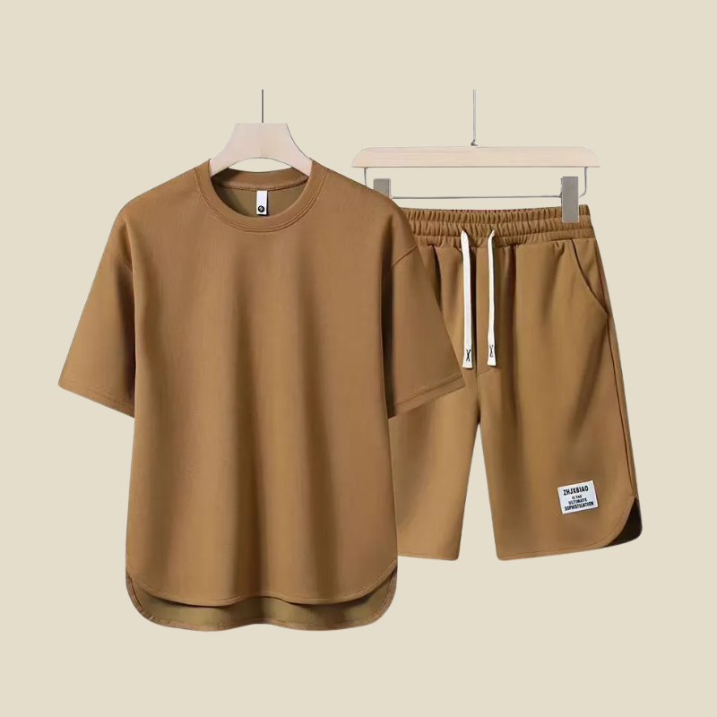 Brown crew neck shirt and shorts set with relaxed fit summer casual style