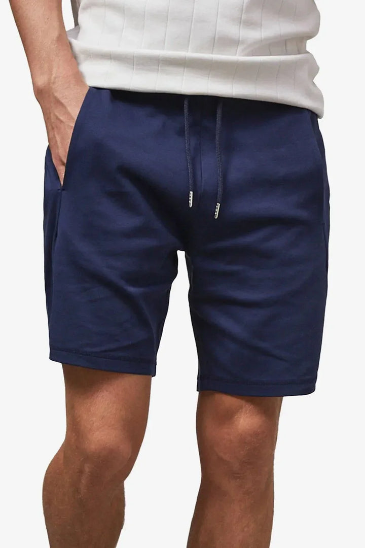 Close-up of navy men casual summer drawstring shorts with side pocket and adjustable waist ties