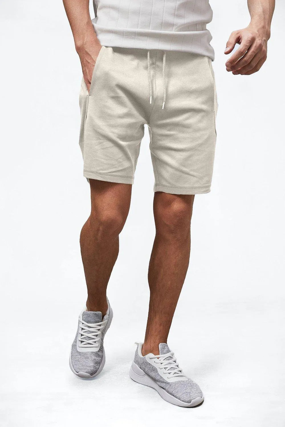 Light beige men casual summer drawstring shorts with elastic waist and straight leg fit