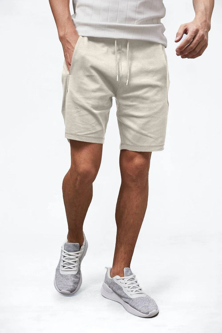 Light beige men casual summer drawstring shorts with elastic waist and straight leg fit