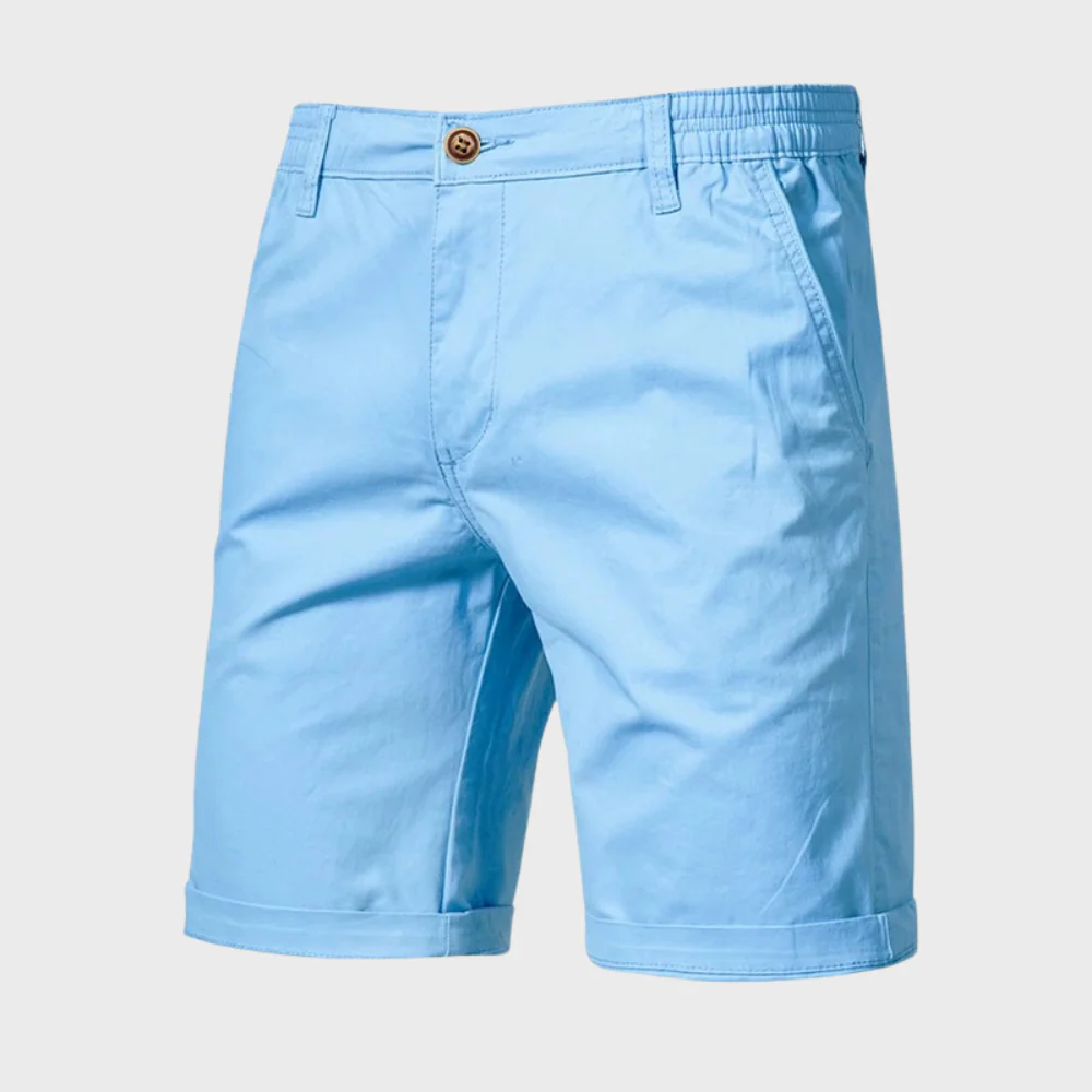 Light blue men casual tailored shorts with pockets, elastic back waist and turned-up hem