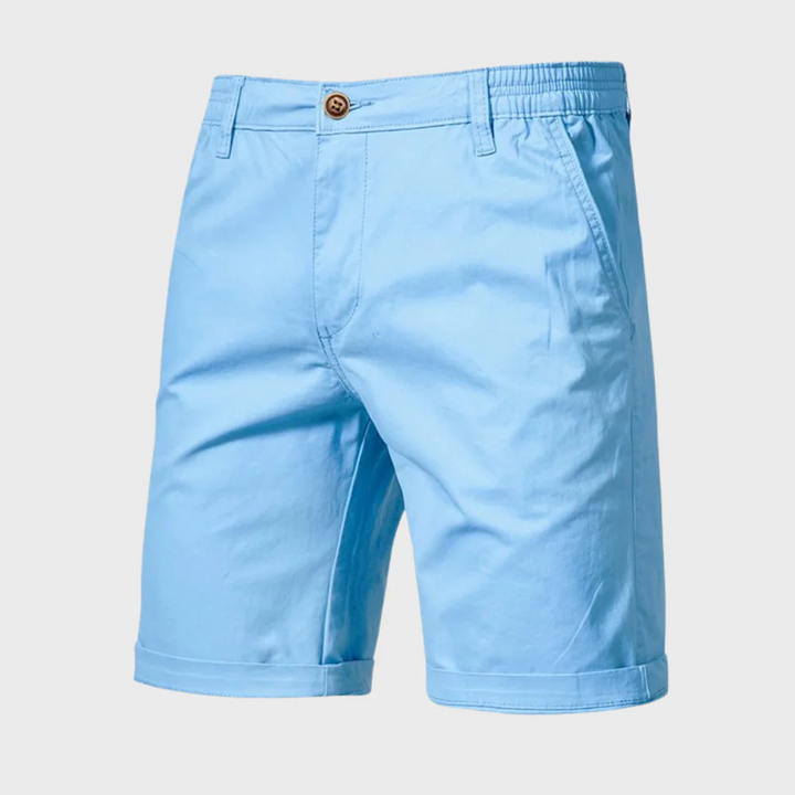 Light blue men casual tailored shorts with pockets, elastic back waist and turned-up hem