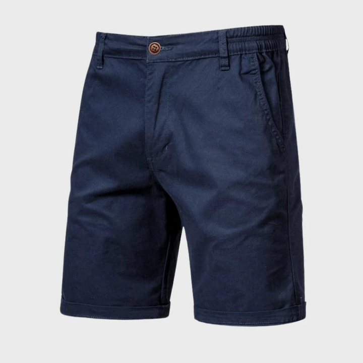 Navy blue men casual tailored shorts with pockets, button closure and belt loops front view