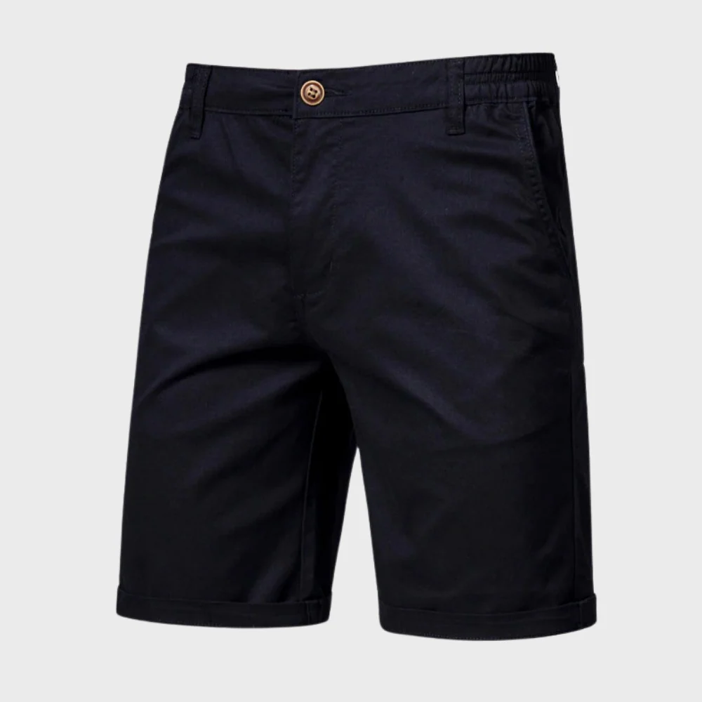 Black men casual tailored shorts with pockets, elastic back waist and turned-up hem front view