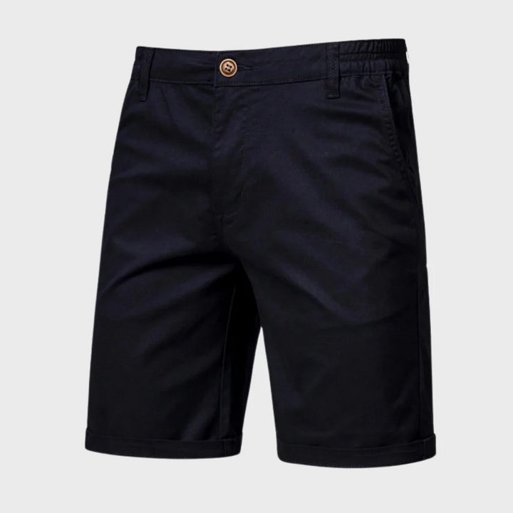 Black men casual tailored shorts with pockets, elastic back waist and turned-up hem front view