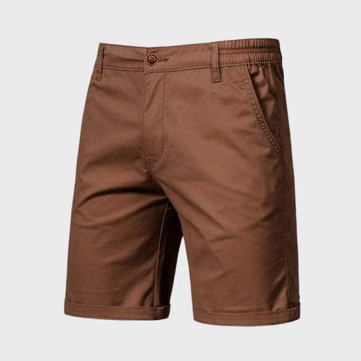 Brown men casual tailored shorts with pockets, slant side pockets and cuffed hem front view