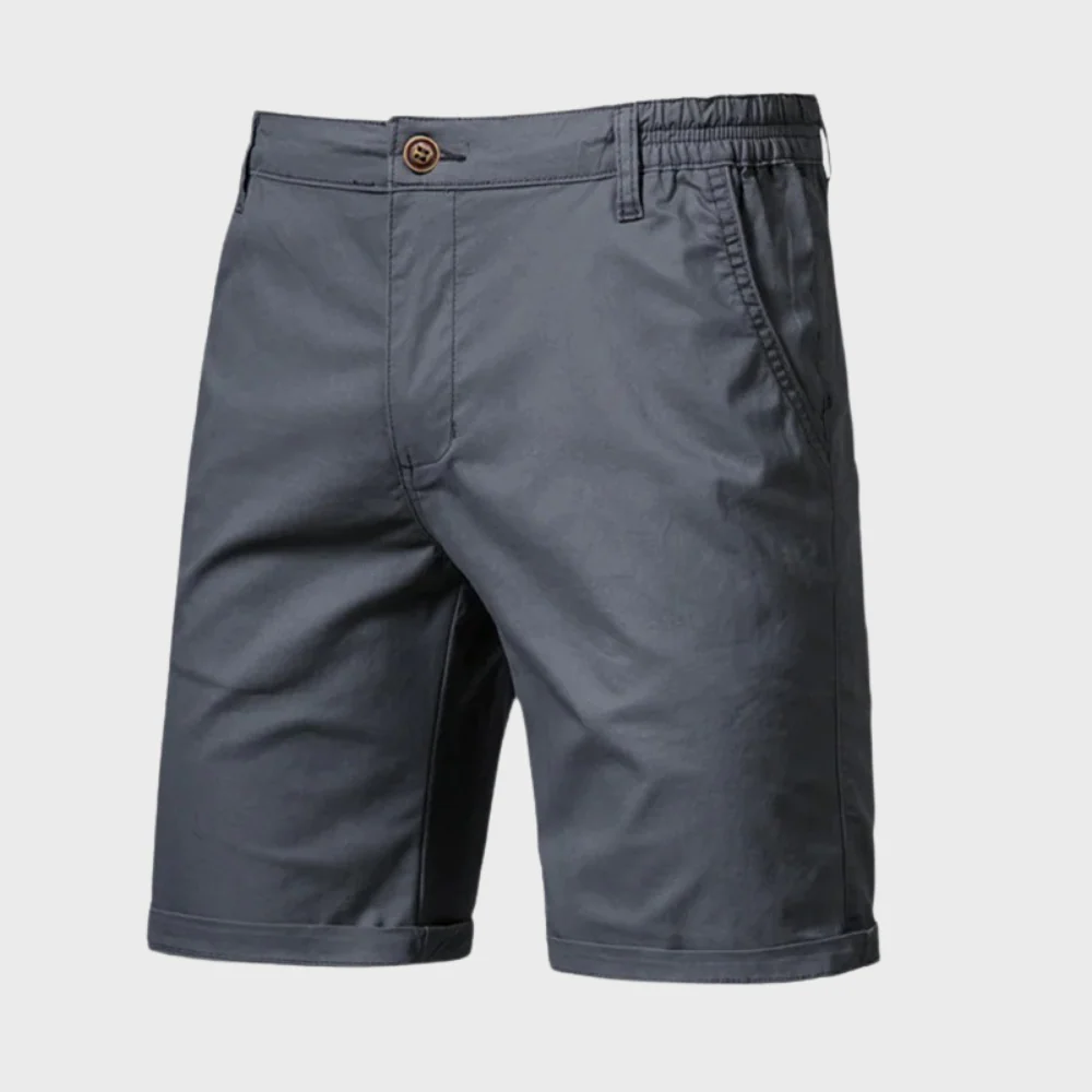 Charcoal gray men casual tailored shorts with pockets, button waist and elastic back front view