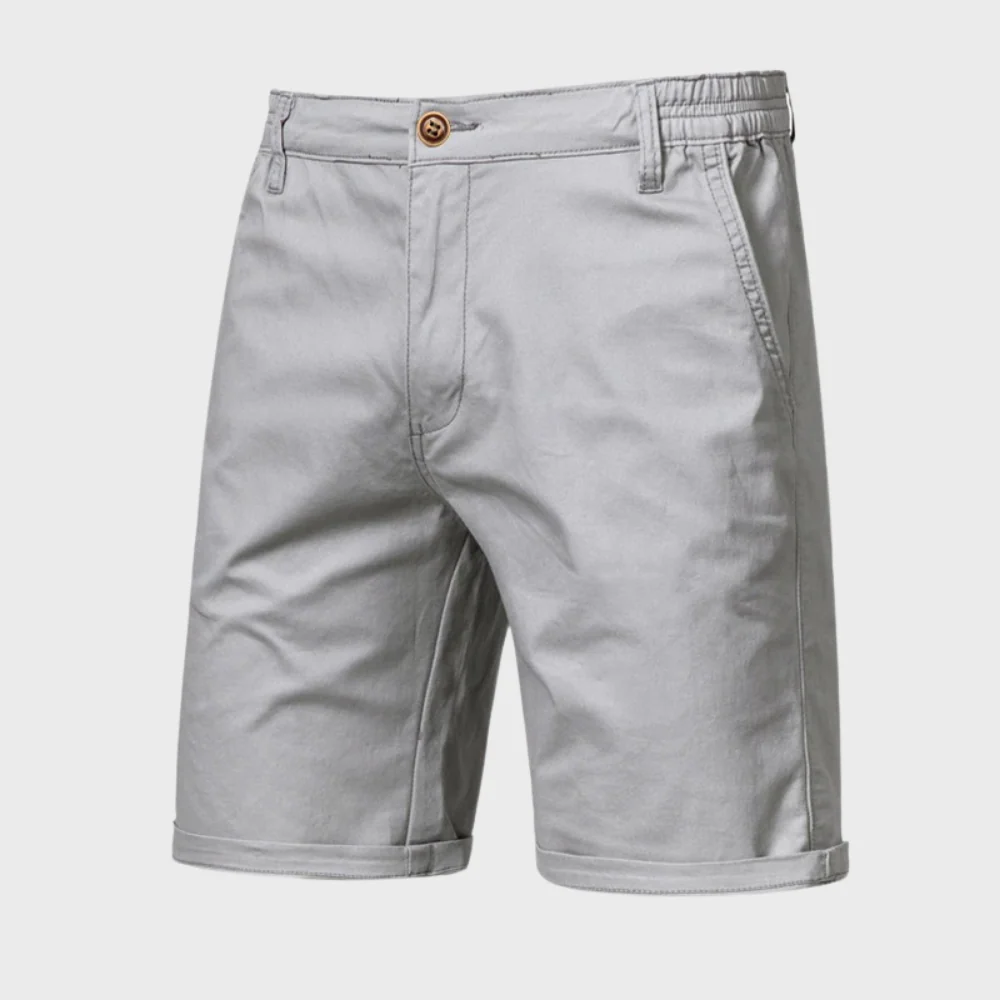 Light gray men casual tailored shorts with pockets, belt loops and rolled hem front view