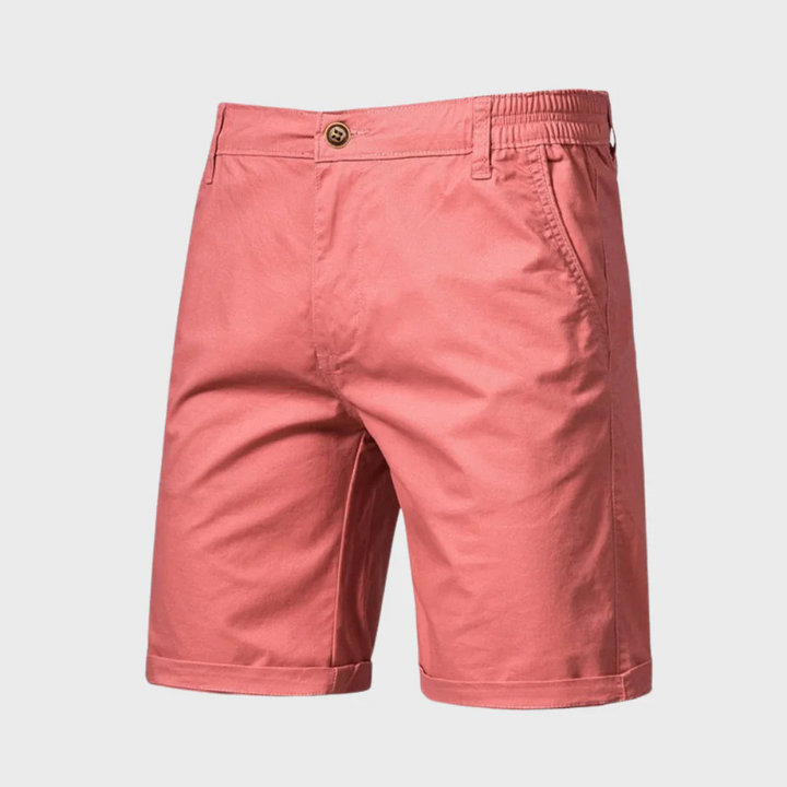 Coral pink men casual tailored shorts with pockets, elastic back waistband and cuffed hem