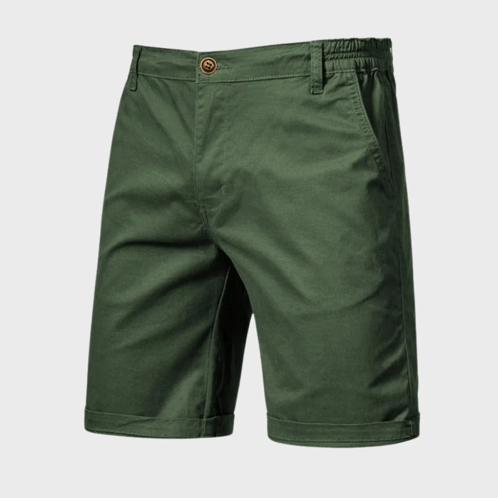 Olive green men casual tailored shorts with pockets, button waist and rolled hem front view