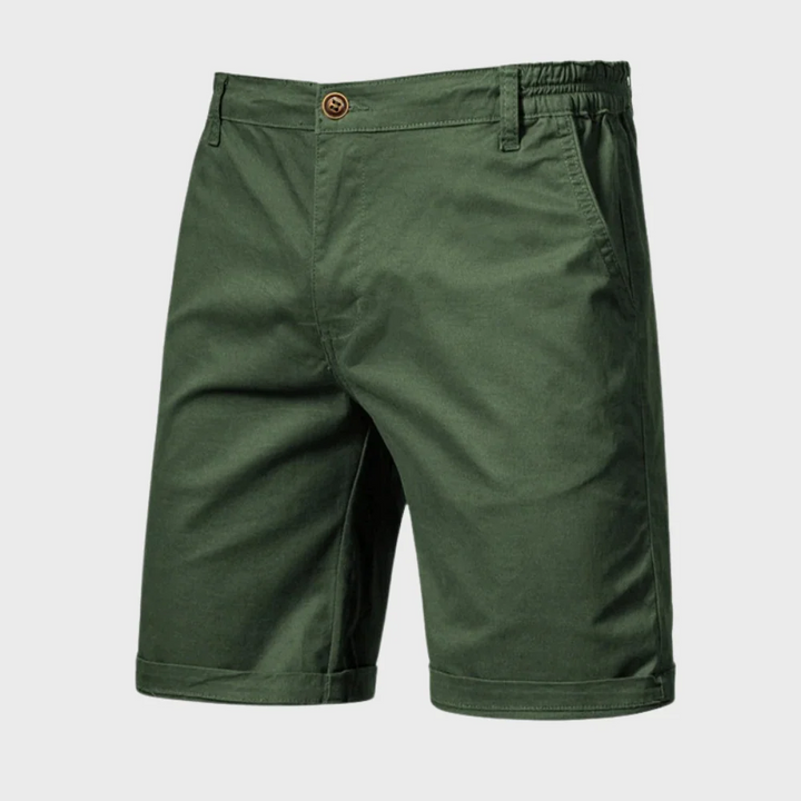 Olive green men casual tailored shorts with pockets, button waist and rolled hem front view
